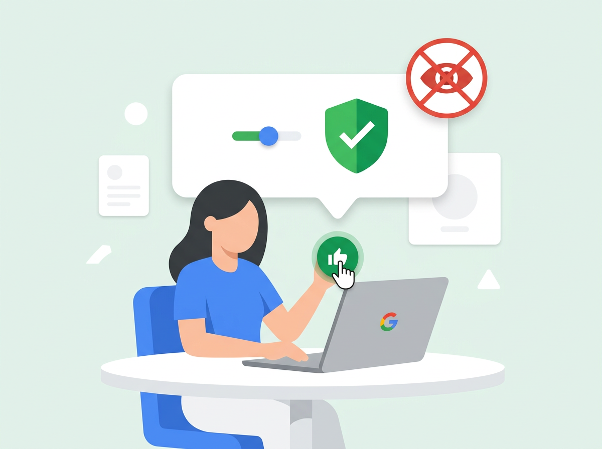 Illustration: Team gibt Feedback, Schutzschild schützt persönliche Daten