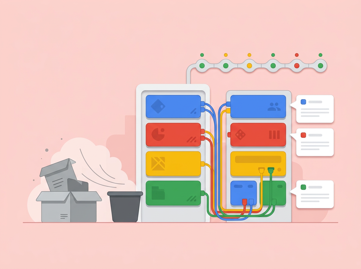 Illustration: Aufgeräumter Serverraum mit Adaptern und Prüfpipeline