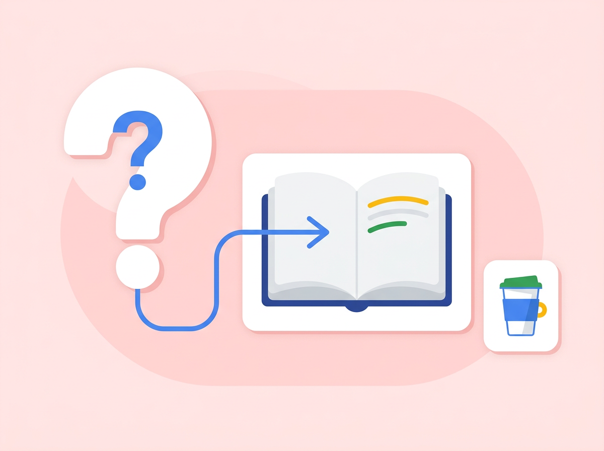 Illustration: Sprechblase mit Fragezeichen führt zu einer Wissensdatenbank