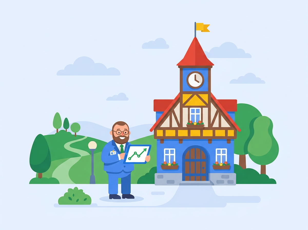 Illustration: Rathaus mit Bürgermeisterin, die eine positive Entwicklung auf dem Tablet sieht